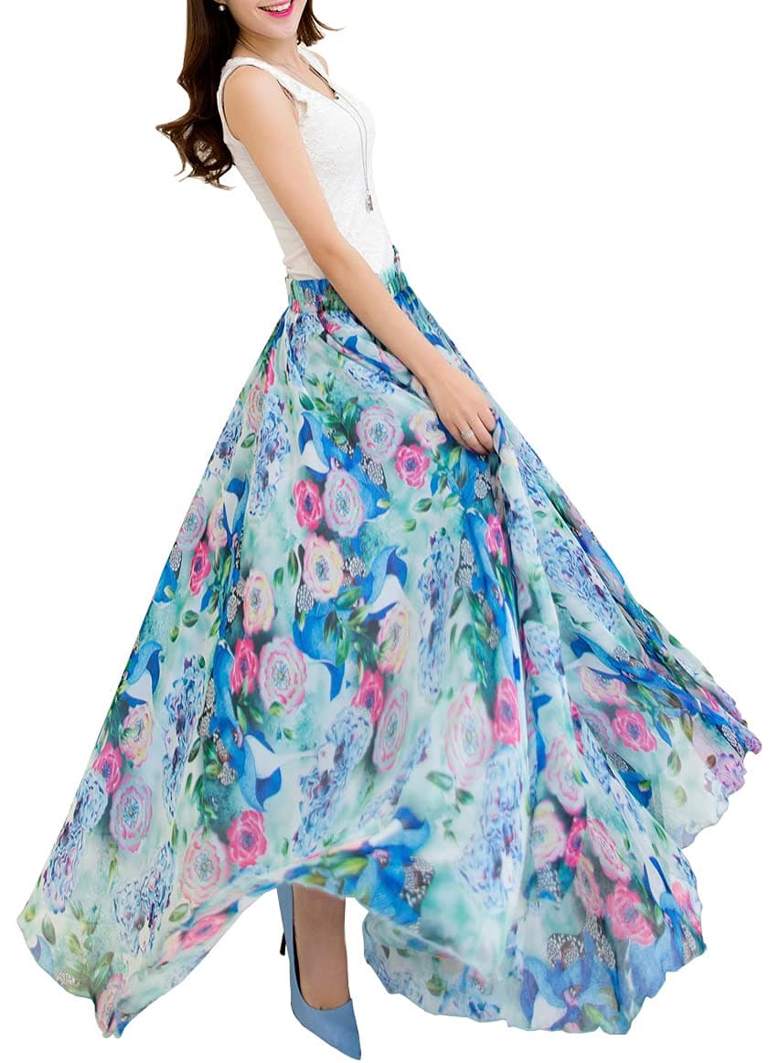 Afibi Women Floral Long Skirts Chiffon Summer Beach High Waisted Maxi Skirts, S-65, 3X-Large