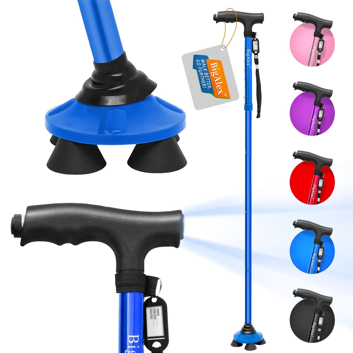 BigAlex Folding Walking Cane with LED Light,Pivoting Quad Base,Adjustable Walking Stick with Carrying Bag for Man/Woman ?4.9'-5.6' Blue ?