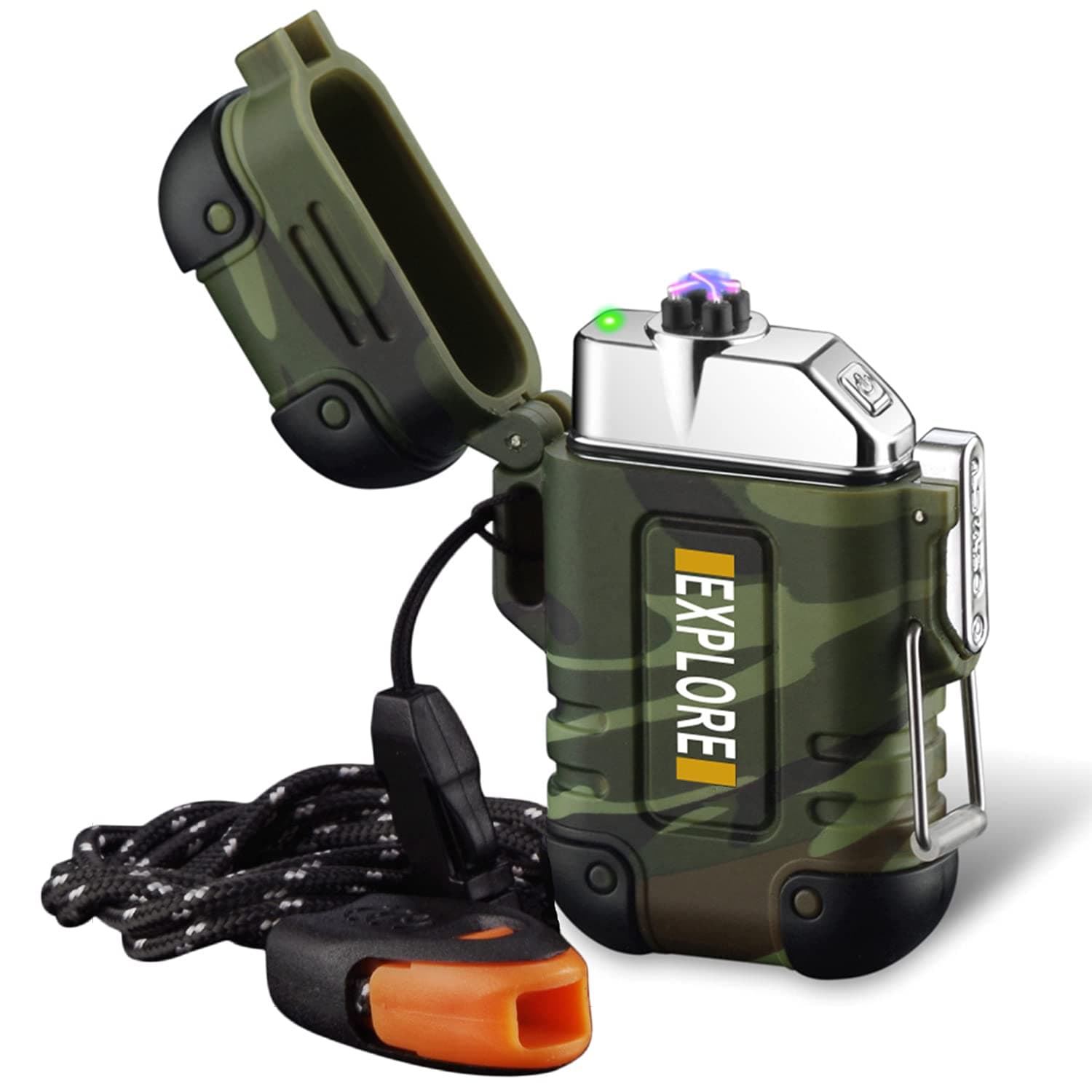 Arc Lighter Outdoor Waterproof Windproof Plasma Lighter Rechargeable USB Electric Lighters with Emergency Whistle for Camping,Adventure,Survival Tactical (Camouflage)