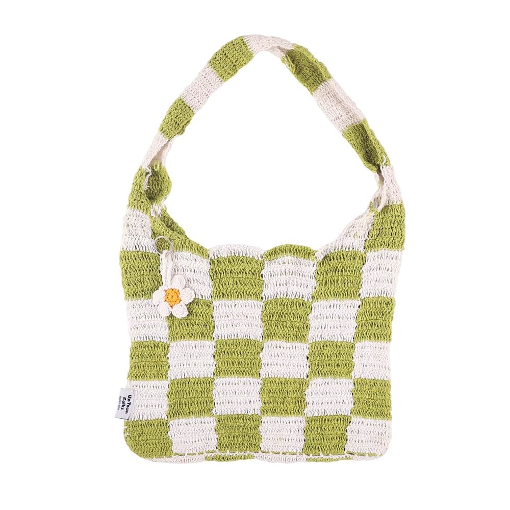 UpTown Folks White & Green Crochet Tote Bag Handbag for Girls & Women, Beach Bag