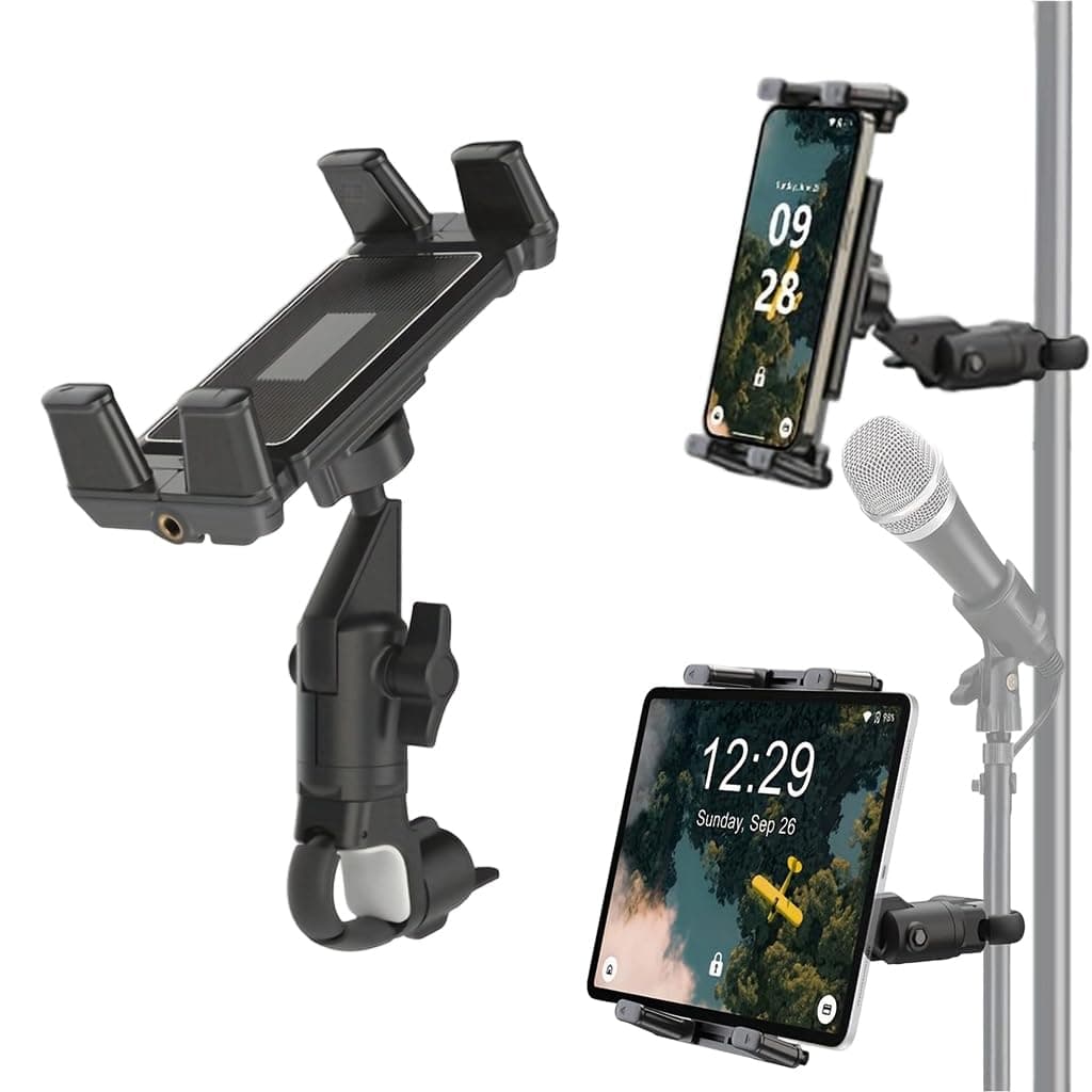 HASTHIP® Tablet Phone Holder for Microphone Stand, Universal Clamp Mount for 4.7-13" Tablets & Smartphones, 360° Rotating, Adjustable Arm, Portable Mic Stand Clip for Live Streaming, Performers