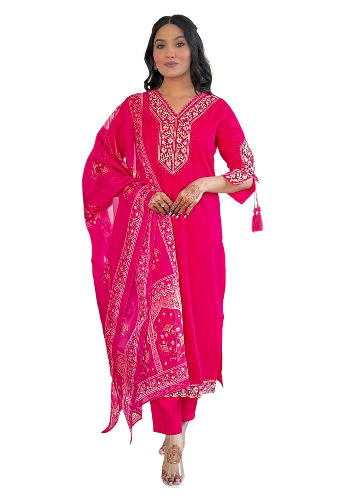 Yashika Women's Thread Work Viscose Fabric Straight Kurta, Pant and Dupatta Set | Kurta Set for Women_AZ-YS-KS2421-XXL Pink