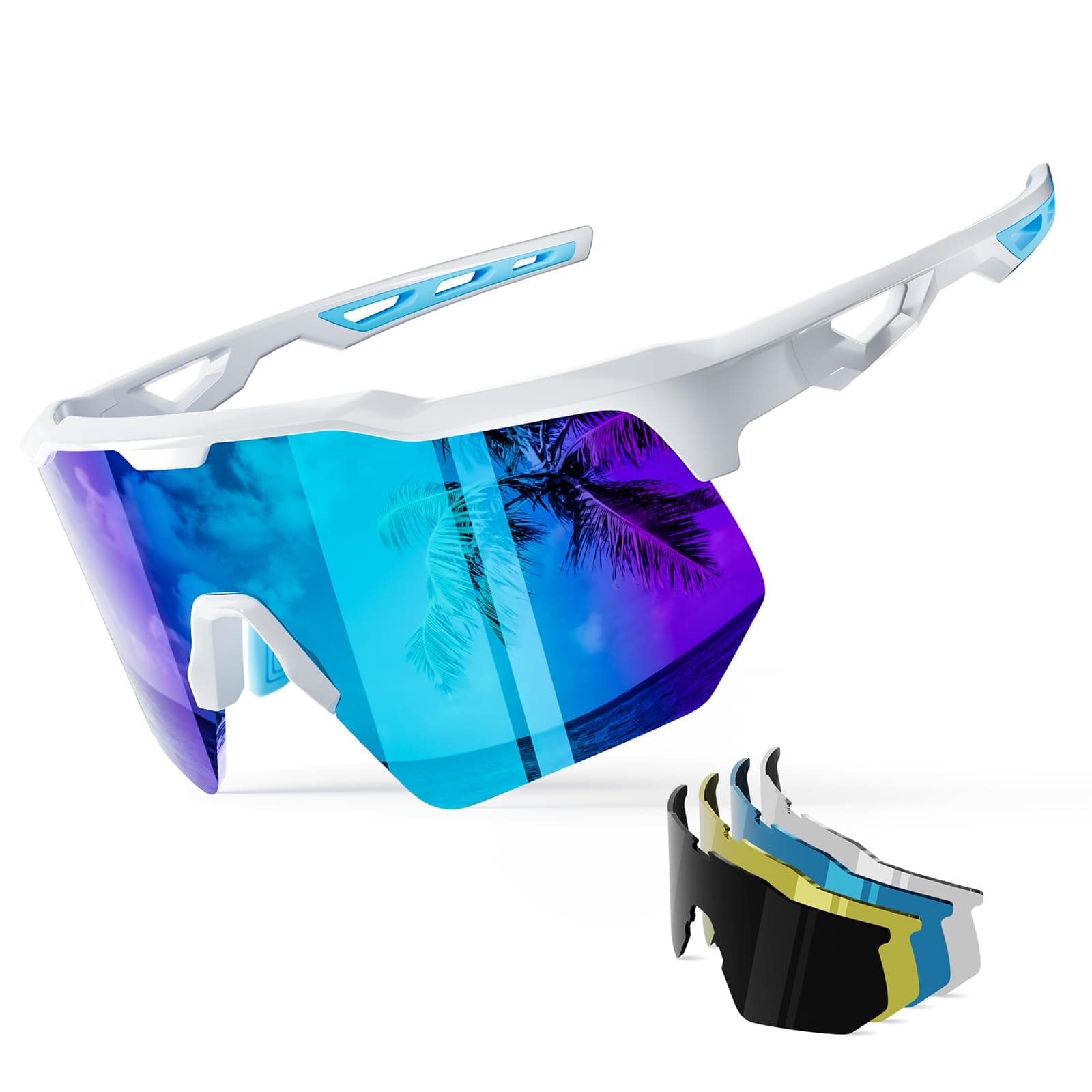 HAAYOT Sports Sunglasses 5 Interchangeable Lenses, Bright White Sky Blue