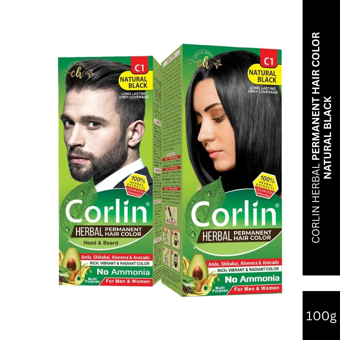 Corlin Herbal Permanent Hair Color (100g x 2pcs), Natural Black Shade, With Herbal Extracts, No Ammonia Formula, For Head & Beard, For Women & Men