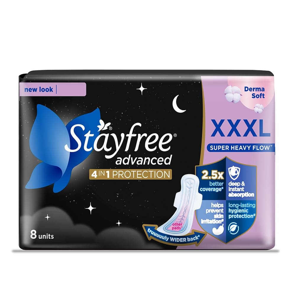 Stayfree Advanced XXXL+ Thin Sanitary Pads for Women | 8 Soft Cotton Pads for All Night Ultra Comfort | Absorbs 2x More with Wider Back | Prevent Rashes | Odour Control