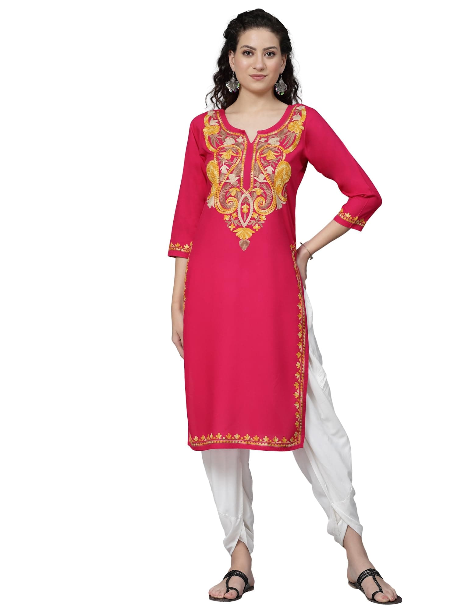 QAZMI Women's Eliza Kashmiri Chinarkari Kurti_XL Bright Pink