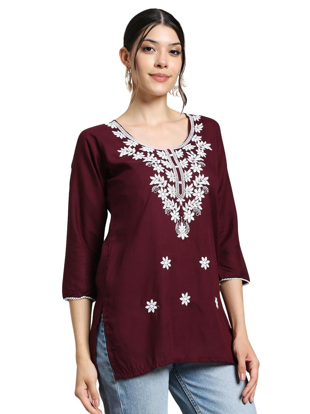 WARDROVE Women's Rayon Cotton Short Kurti with Traditional Embroidery | 3/4 Sleeve Round Neck Ethnic Tunic Top for Jeans | Casual Kurta