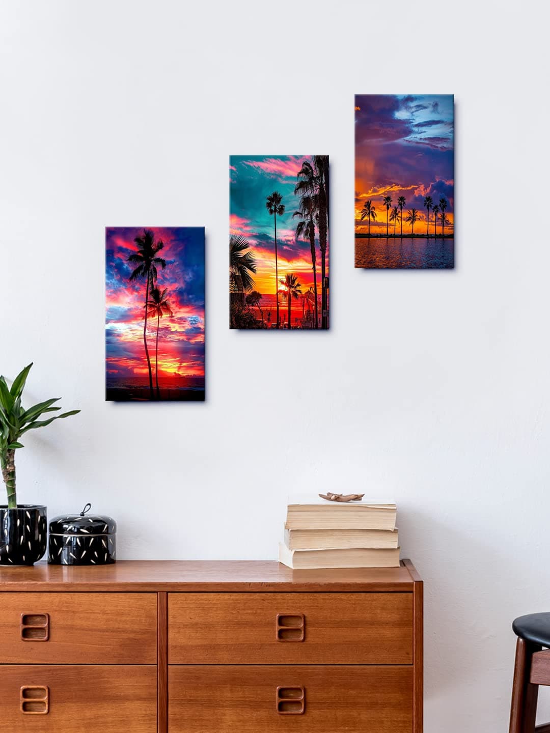 999STORE Nature Sunset Beach Coconut Tree home room décor framed stylish modern wall frames hanging items for living (Set of 3 Panels Paper Print 24X15 Inches) MDF3Frames041