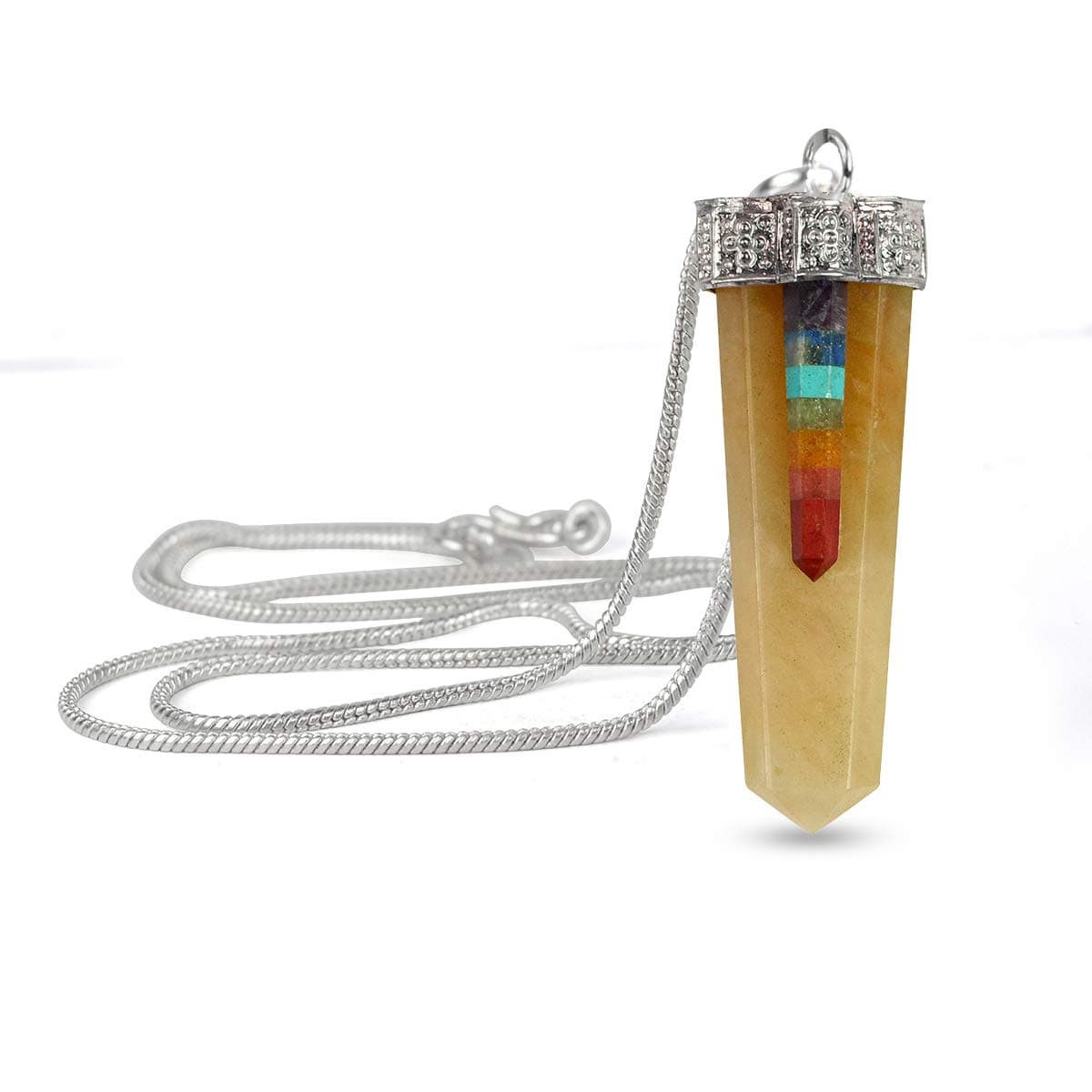 Crystu Natural Citrine Pendant 7 Chakra Flat Stick Crystal Stone Pendant/Locket with Metal Chain for Reiki Healing and Crystal Healing Stone Size 45 mm (Color : Multi)