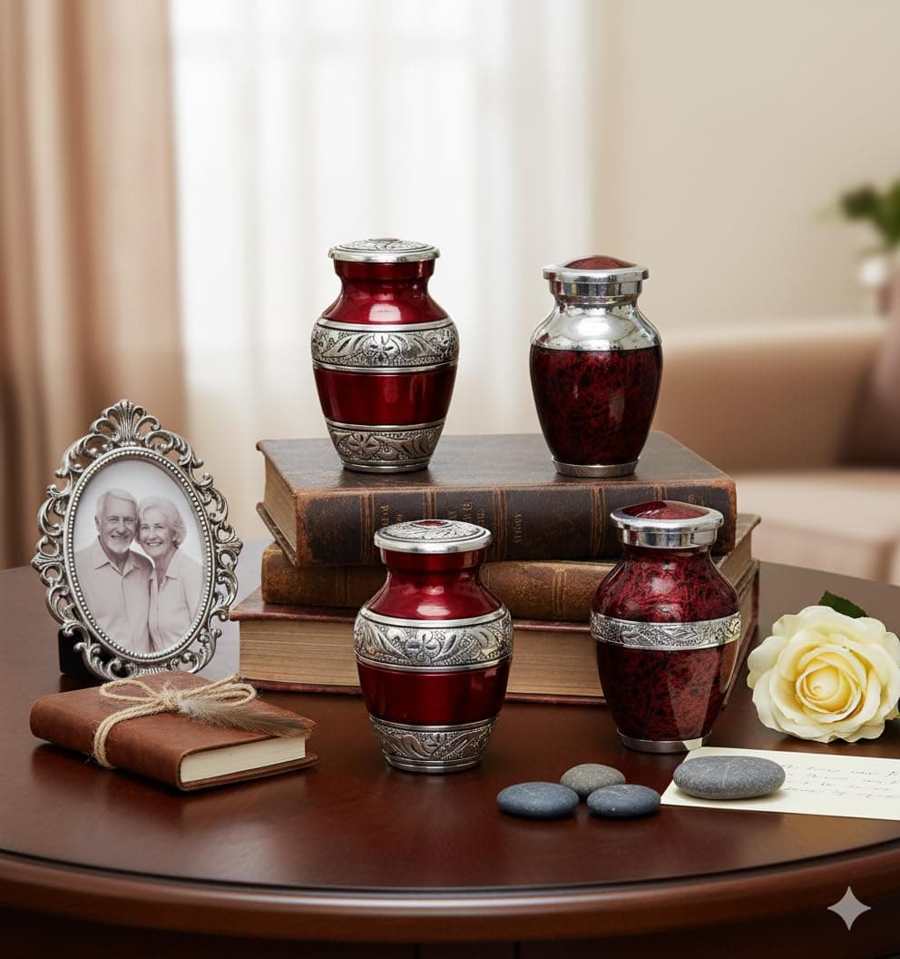 eSplanade- Cremation Mini urn Keepsake Memorial |Set of 4 Small urns for Ashes Funeral Burial Container jar Pot | Red (Silver Carved) - 4.5 Inches