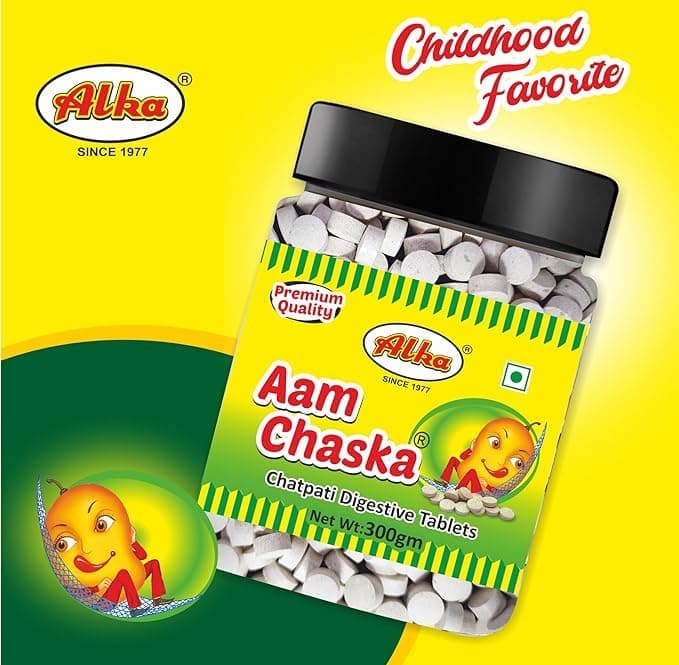 AAM CHASKA Chatpati Aam Goli | Khatti Meethi Mango Candy | Tangy Digestive Tablets | Relieves Acidity, Gas & Indigestion | Post-Meal Mouth Freshener | Alka Foods Since 1977 | 300gm Jar