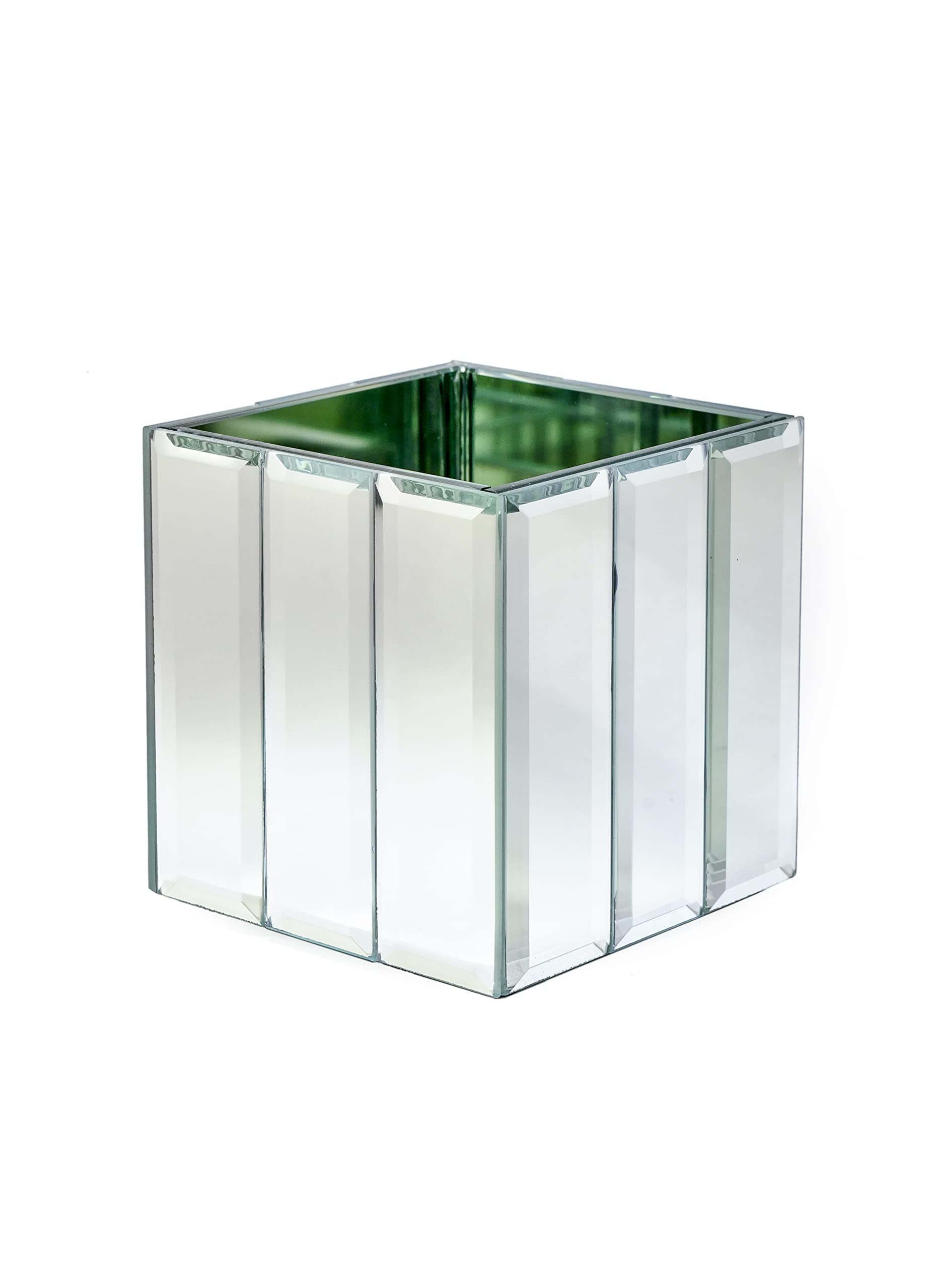 Serene Spaces Living Gatsby Mirror Strip Cube Vase – Art Deco Inspired Glass Vase with Mirror Finish, Events, Parties, Floral Centerpieces, Measures 4” Cube