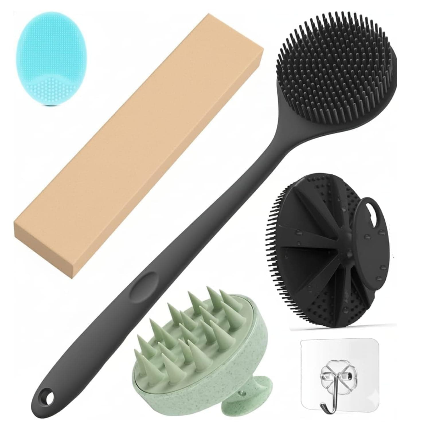 Bath Scrubber Combo Set with Back Scrubber Body Brush Scalp Massager Face Wash Brush and 3 Pieces Wall Hook Multipurpose Cleaning Tools for Shower Home Use Grooming Kit for Men Women (Set of 5)