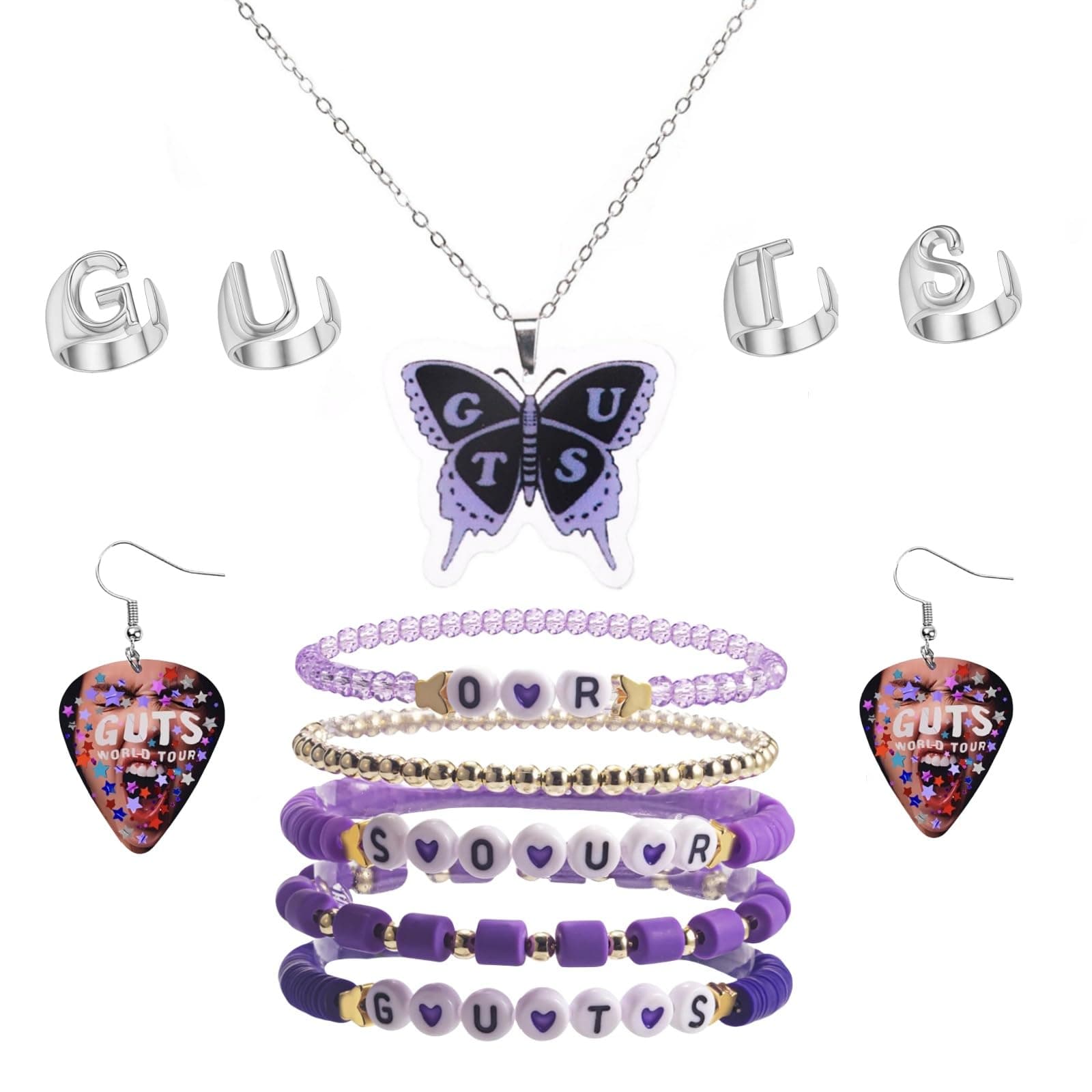 AITELEI Guts Jewelry Sets Butterfly Olivia Merch Necklace Earrings Rings Bracelets Concert Outfit Accessories for Women Fans Tour Concert Outfit Jewelry Accessories Gifts
