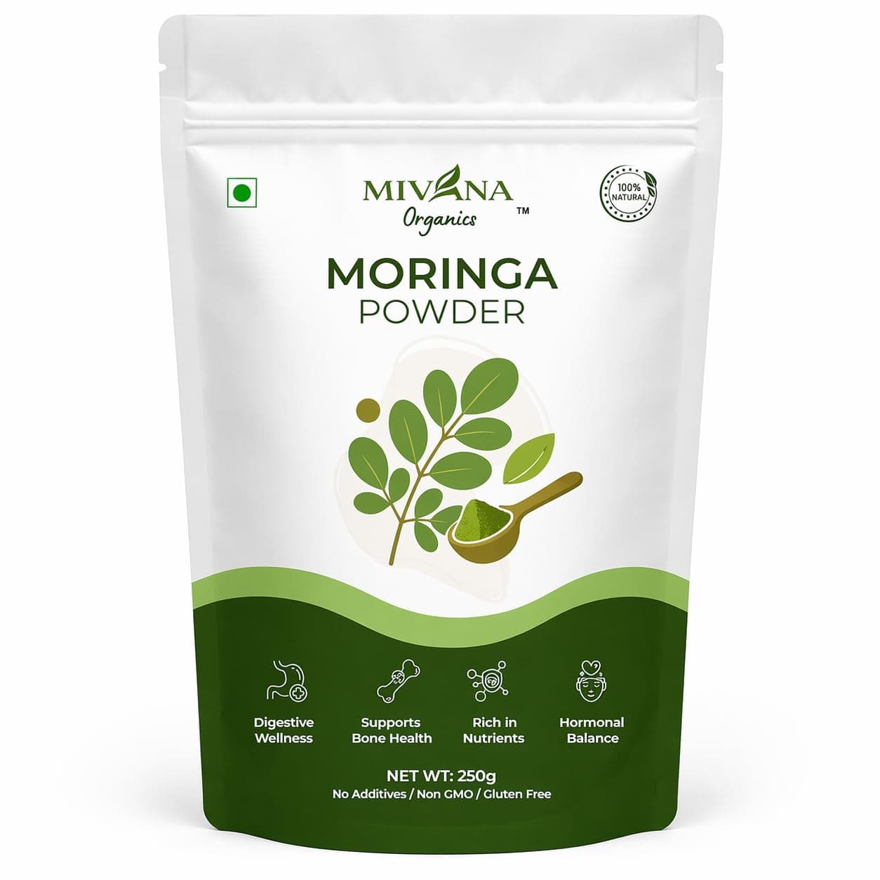 Mivana Organics Organic Moringa Powder 250g | Drumstick Leaf | Sahjan | Murungai Keerai | Immunity, Energy & Detox | Rich in Protein, Iron & Calcium | Non GMO, Gluten Free | FSSAI Certified
