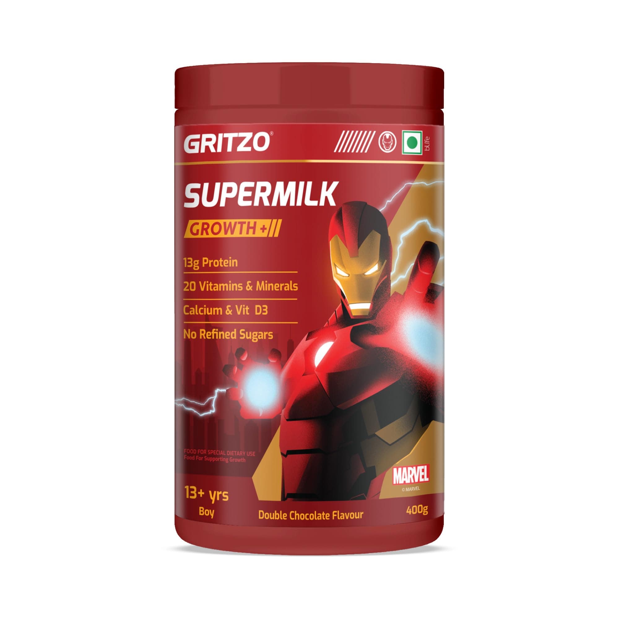 Gritzo SuperMilk Growth+ Iron Man (13+ Boy), Double Chocolate, 400g