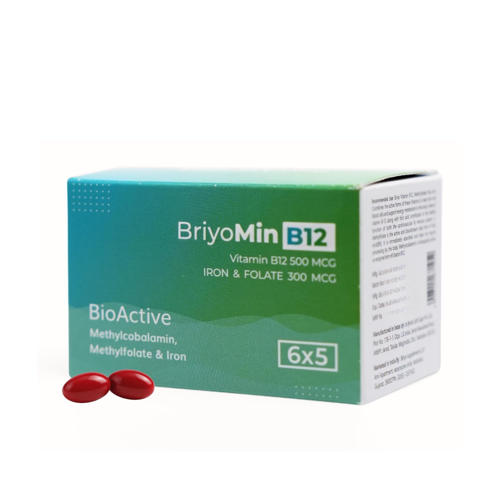 BriyoMin B12 - Bioctive Vitamin B12 500 mcg (as Methylcobalamin), with 300 mcg Folate (as methylfolate) with Iron Supports Heart & Nerve Health, Blood Cell Function
