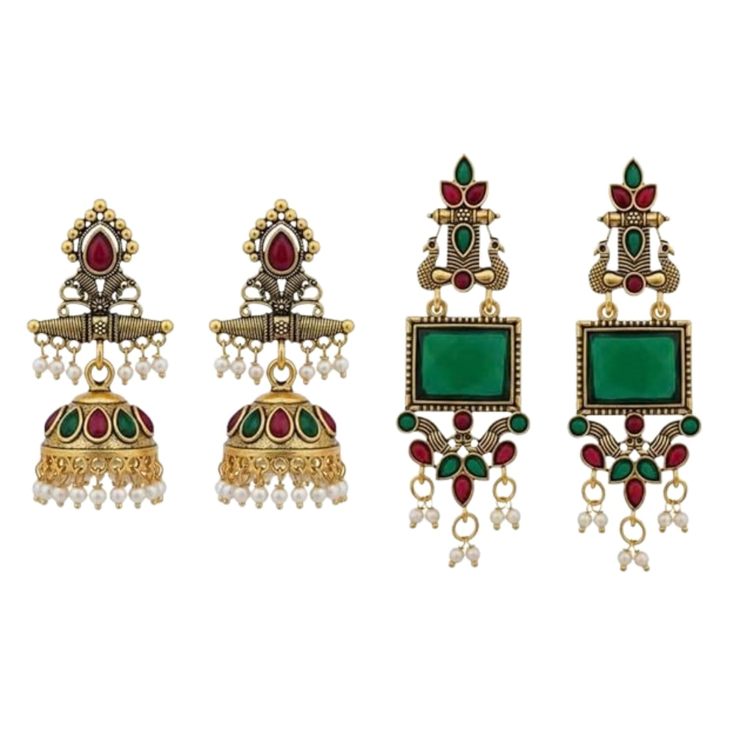 EiVAA Traditional Ethnic Gold Plated Jewelry Set for Women - Featuring Red Green Stone Jhumka Earrings & Antique Peacock Drop Danglers (Drop) Set of 2 Pair