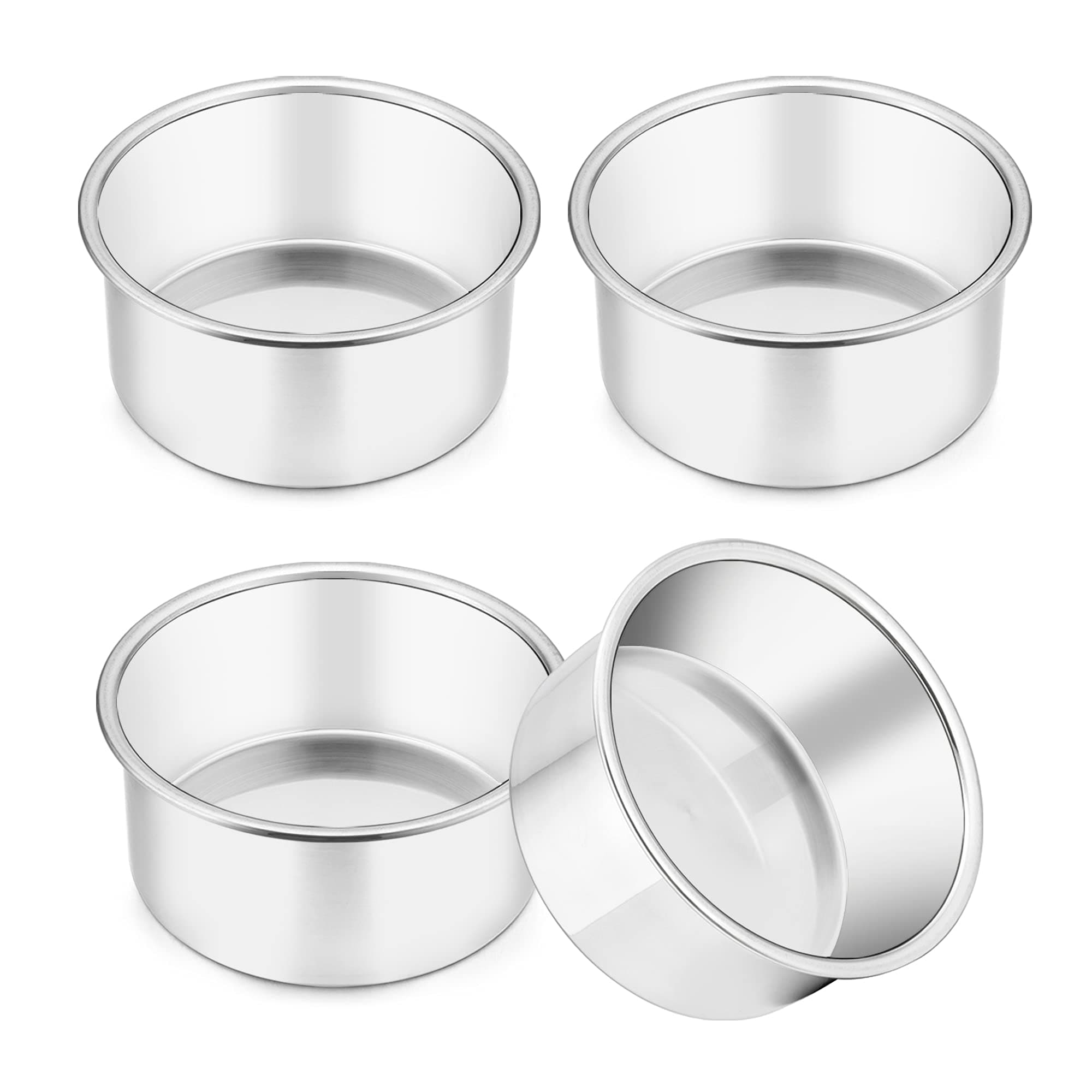 TeamFar 4 Inch Cake Pan, 4 Pcs Mini Cake Pan Round Tier Baking Cake Pans Set Stainless Steel, for Baking Steaming Serving, Healthy & Sturdy, Mirror Finish & Dishwasher Safe