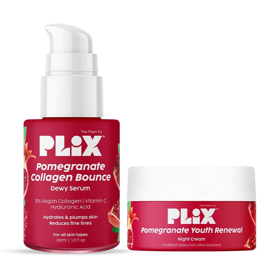 The Plant Fix Plix Collagen Bounce Serum 30ml and 1.20% Retinol Night Cream 50g with Bakuchi Oil | Anti Ageing Combo For Reducing Fine Lines & Wrinkles, Vegan Collagen Booster for Plump Skin
