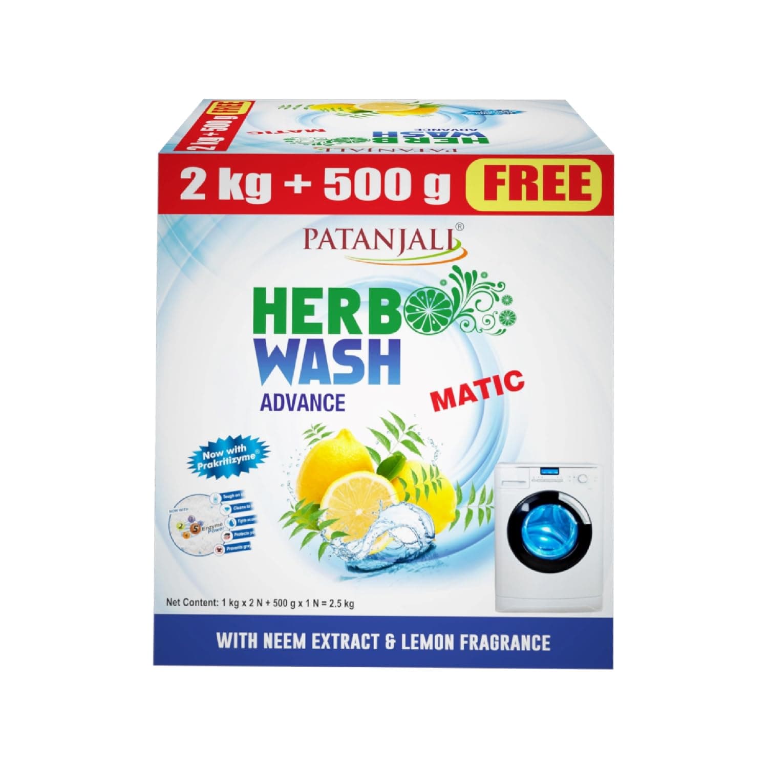 PATANJALI Advance Matic Detergent Powder 2kg+500g, Removes Tough Stains Gentle on Clothes Refreshing Fragrance, Colour-Safe, Chemical Free, Machine And Hand Wash