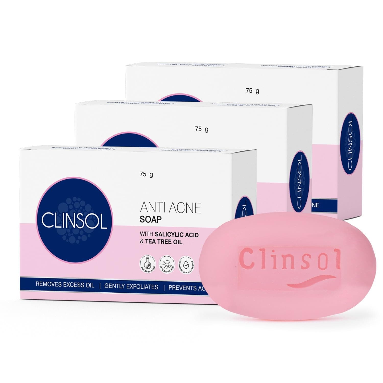 Leeford Clinsol Anti-Acne Soap with Tea Tree Oil & Vitamin E | Acne Fighting Soap for Men & Women | Treats & Prevents Acne, Controls Oil & Sooths Skin Pack of 3 (75g Each)