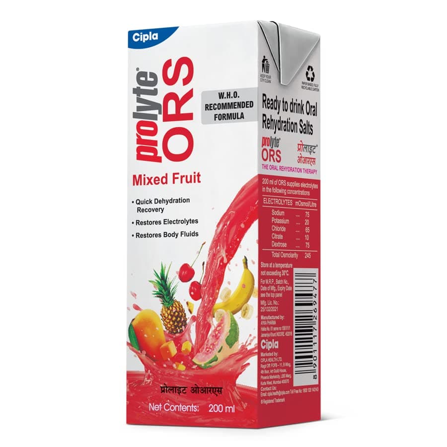 Cipla Prolyte ORS Ready to Drink Oral Rehydration Contains Vital Electrolytes | Restores Body Fluids & Electrolytes Lost Due to Sweating, Diarrhea & Vomiting | WHO Formula (Mixed Fruit, Pack of 10)