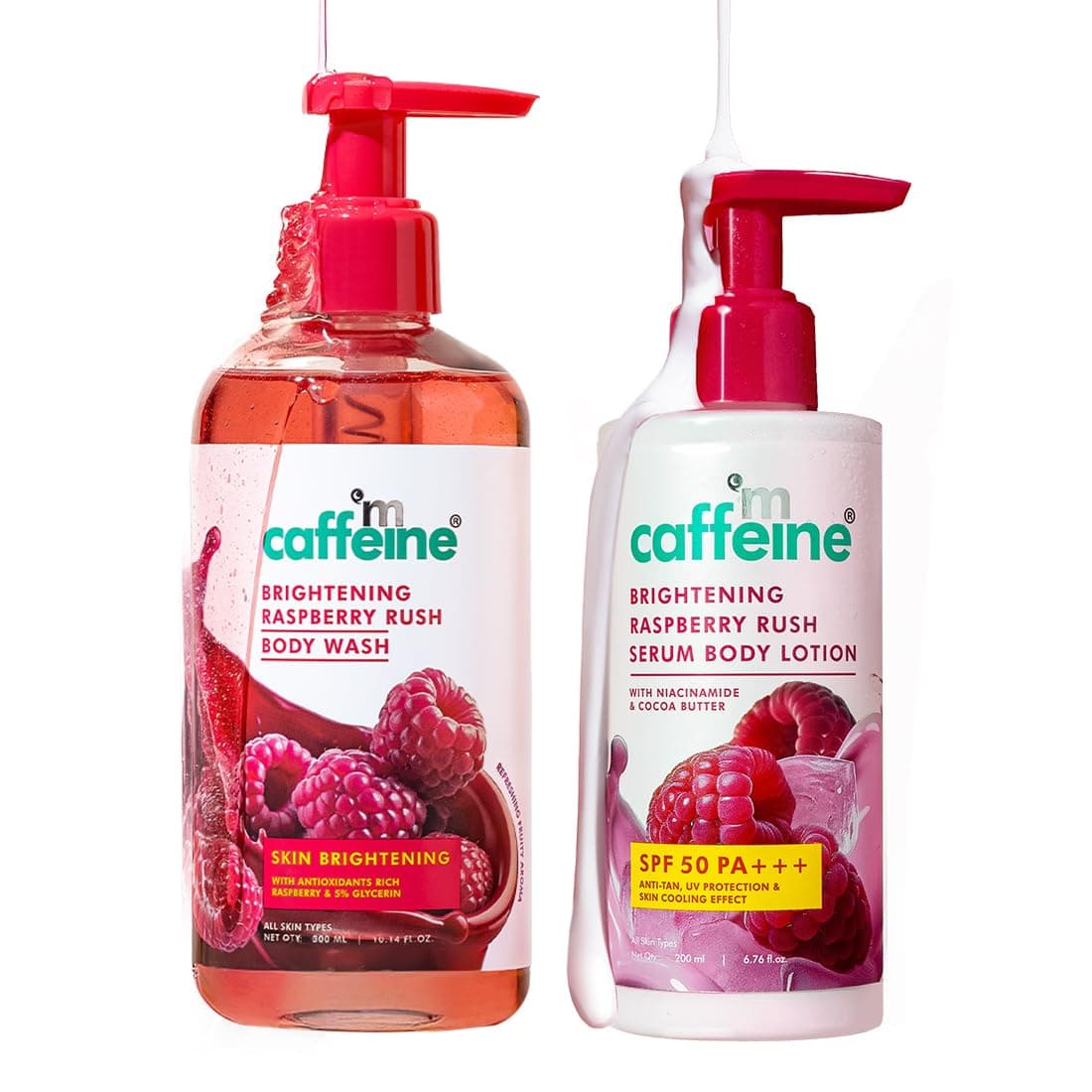 mcaffeine All Skin Brightening Spf 50 Pa+++ Sunscreen Body Lotion & Wash Raspberry Combo,Deeply Cleanses,Tan Removal With Vit C & Niacinamide,Lightweight,Non-Sticky Sun Protection - 200Ml