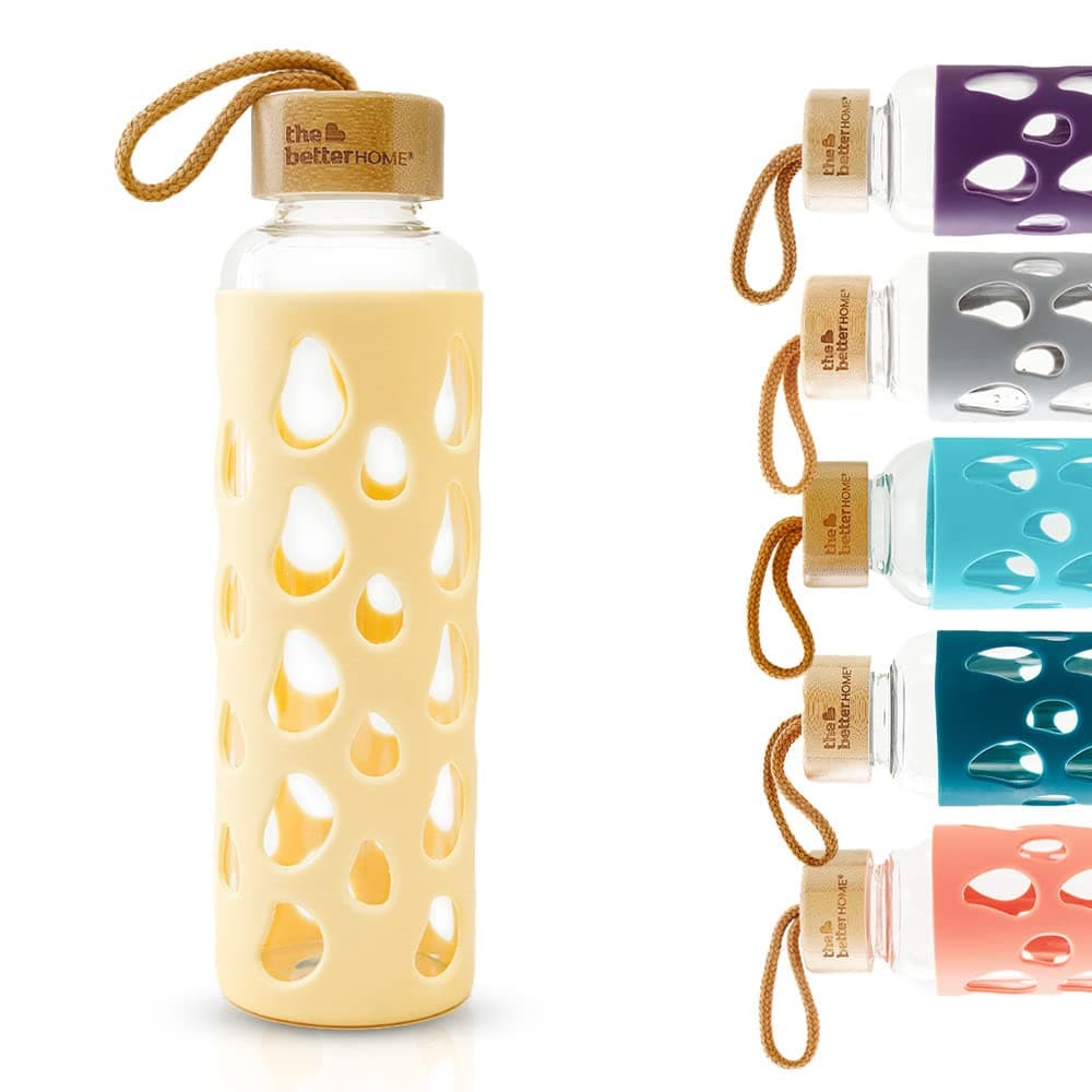 The Better Home Borosilicate Glass Water Bottle with Sleeve 550ml | Non Slip Silicon Sleeve & Bamboo Lid | Fridge Water Bottle For Home & Office (1Pcs- Yellow)