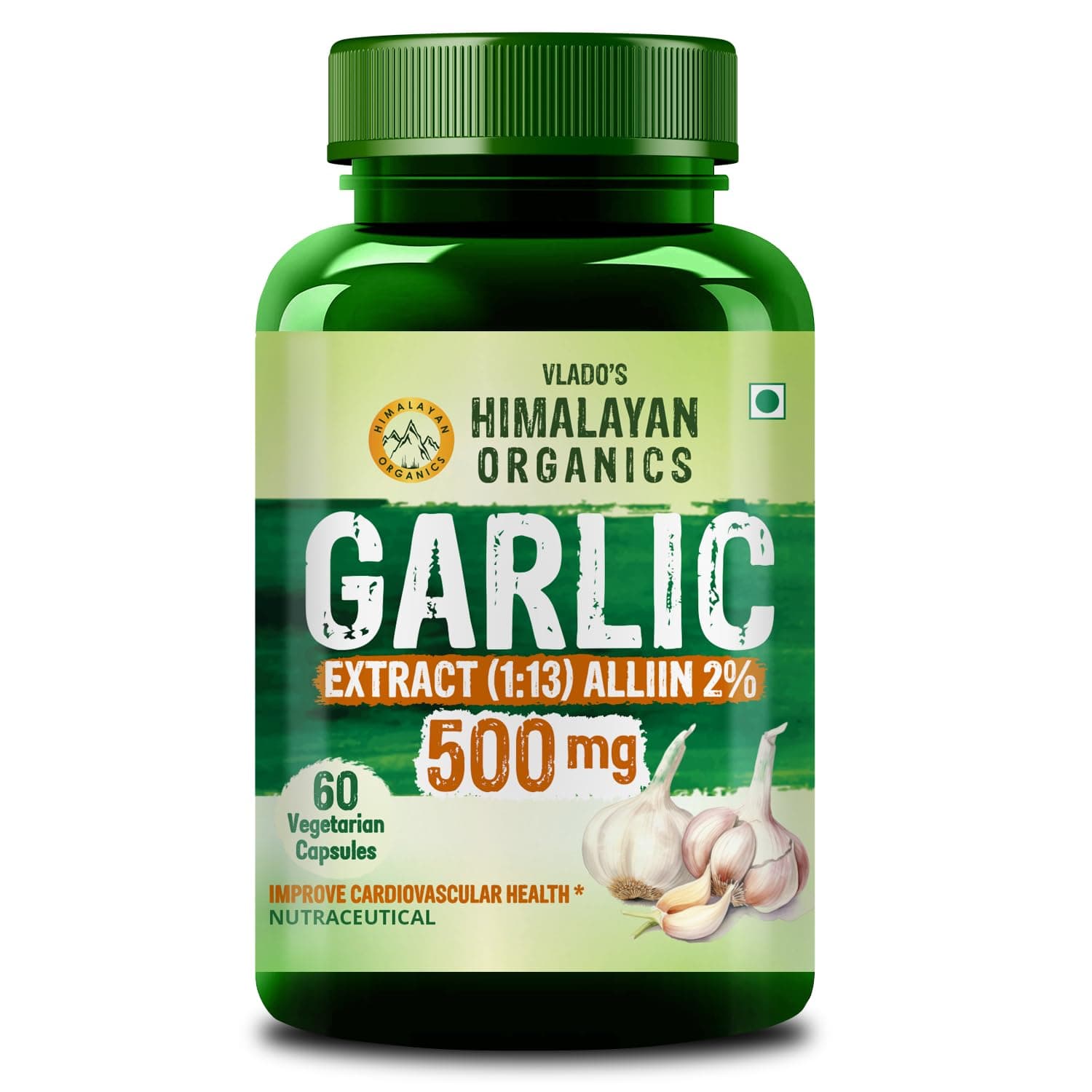 Vlado’s Himalayan Organics Garlic 500Mg Supplement - 60 Veg Capsules | Extract (1:13) Allium Sativum - 2 % For Heart Health, Digestion & Cholesterol Support | Boost Immunity, Supports Blood Pressure & Cardiovascular Wellness | Natural Antioxidant