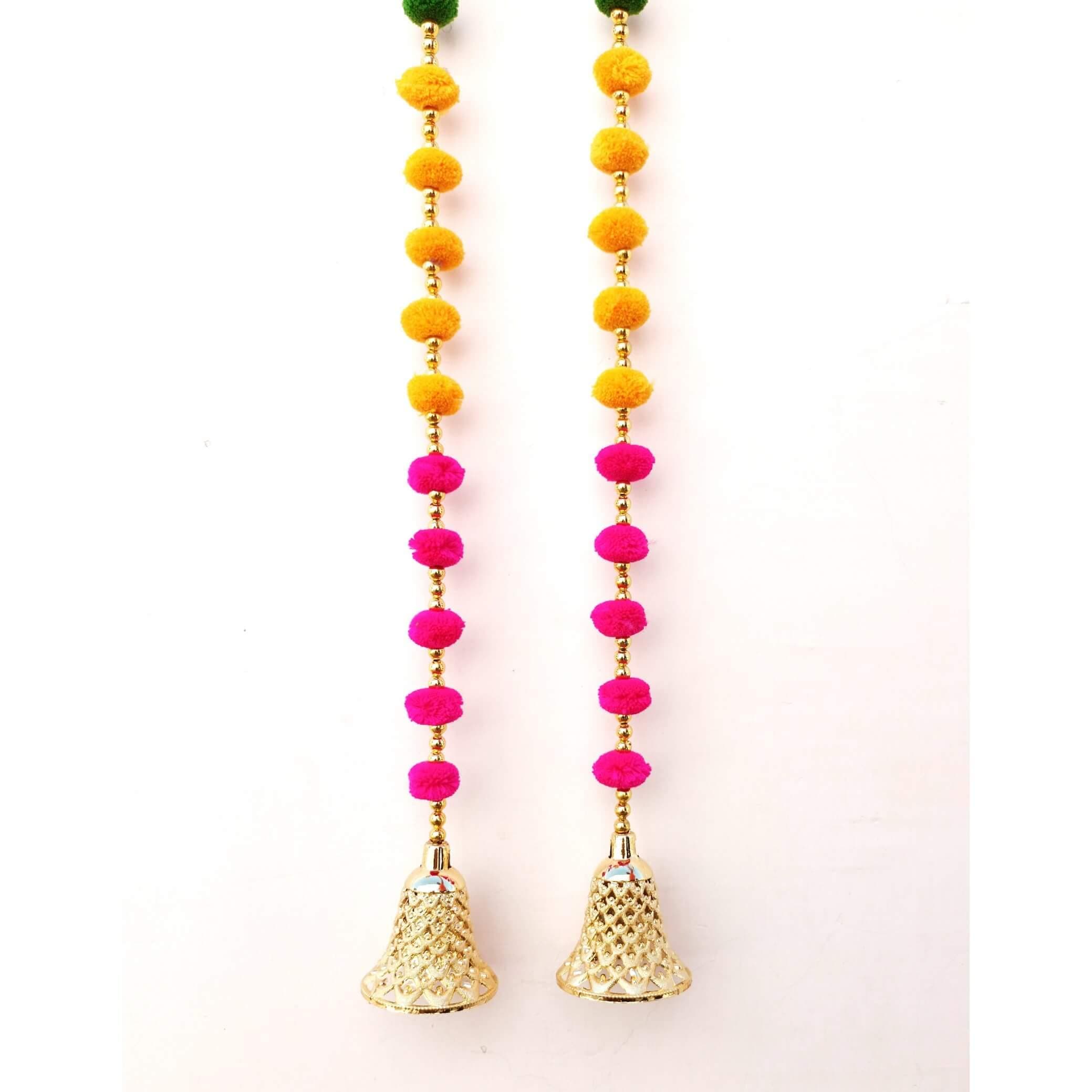 CREYENTES® Pom Pom Latkan With Golden Bells for Decoration, Door Side Hangings, Ganesh Chaturti, Wall Hanging for Main Entrance