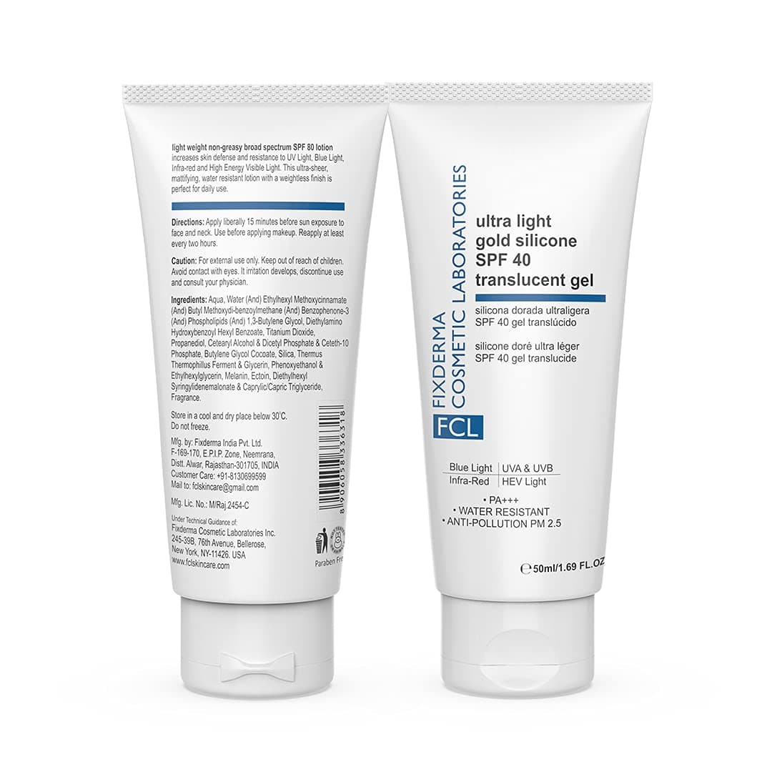 FIXDERMA COSMETIC LABORATORIES FCL Ultra Light Gold Silicone SPF 40 Translucent Gel Suitabe for All Skin Types | Sunscreen for Body & Face | SPF 40 Sunscreen for Women & Men 50ml