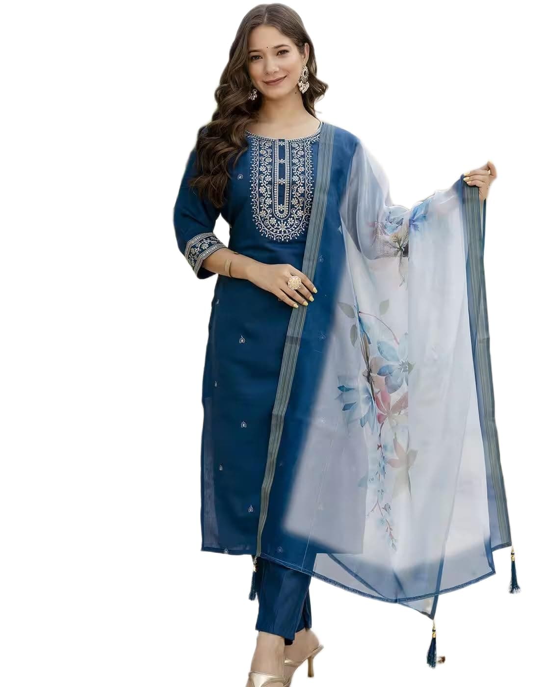IMPOX INTERNATIONAL Women Rayon Slub Embroidered Kurta Pant Set with Chanderi Silk Dupatta | Comfortable Kurta Set|Morpich|XL