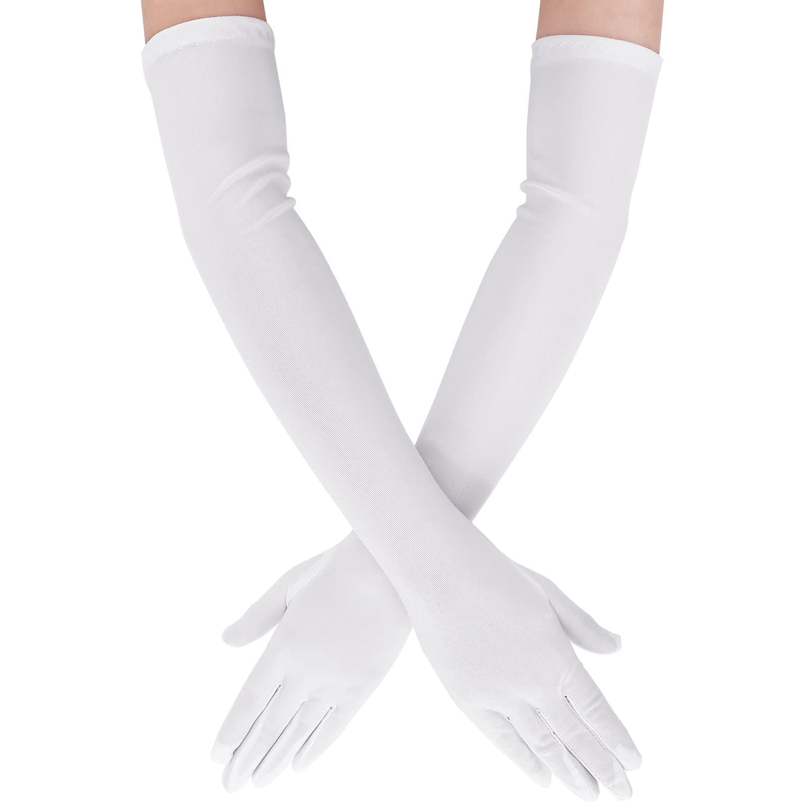 Tatuo 1920s Long Evening Satin Elbow Gloves Opera Gloves Stretch Bridal Wedding Prom Party Costume Accessories for Women, White, 21 Inch