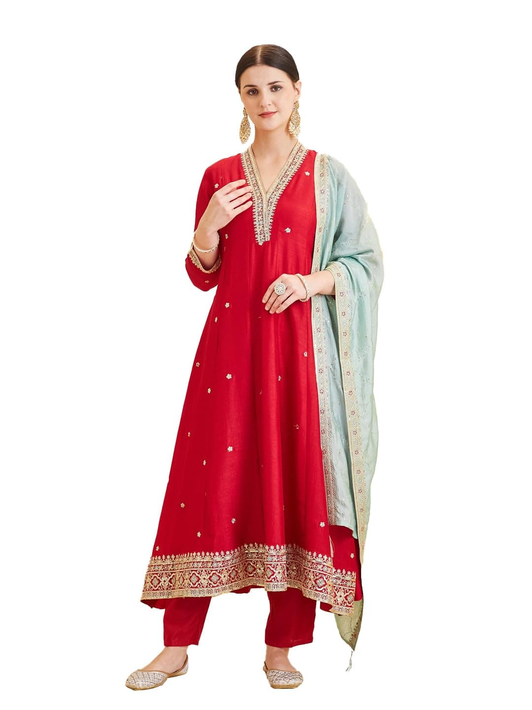 MOKOSH Women’s Red Silk Embroidery Anarkali Kurta Pant with Dupatta