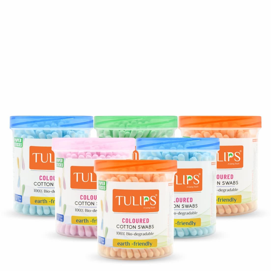 TULIPS Cotton Ear Buds/Swabs Pack of 6 (Multicolor) made of White PAPER Stick (100/200 Tips) in a Jar