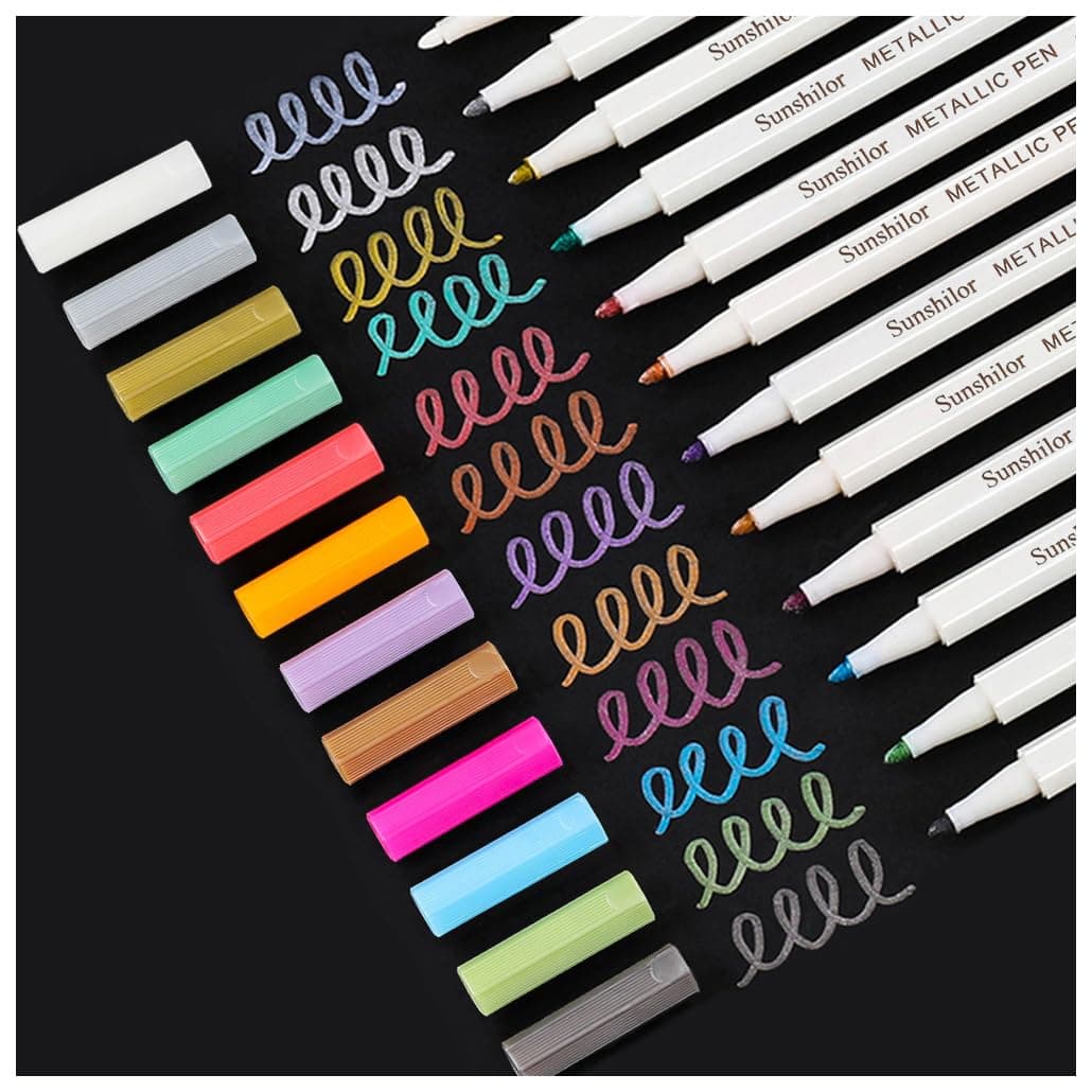 Sunshilor Metallic Markers Paints Pens, Fine Point Metallic Marker Pens for Black Paper, Glass, Rock Painting, Card Making, Set of 12