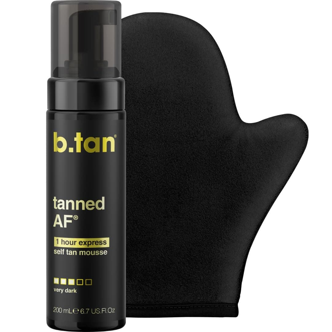 b.tan Tanned AF Tanning Kit - Self Tan Mousse with Applicator Mitt - Value Pack for Fastest, Darkest Tan