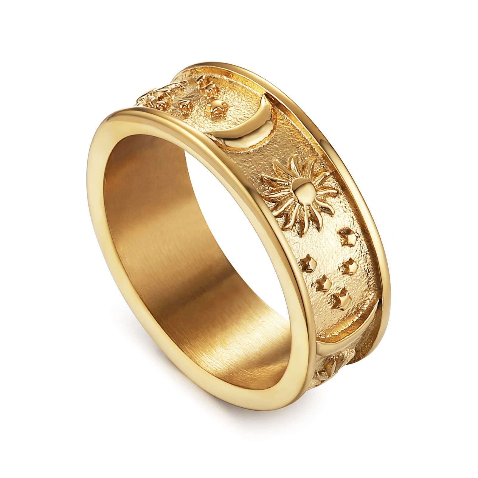 HZMAN 8mm Moon Star Sun Statement Ring Stainless Steel Boho Jewelry for Women Men