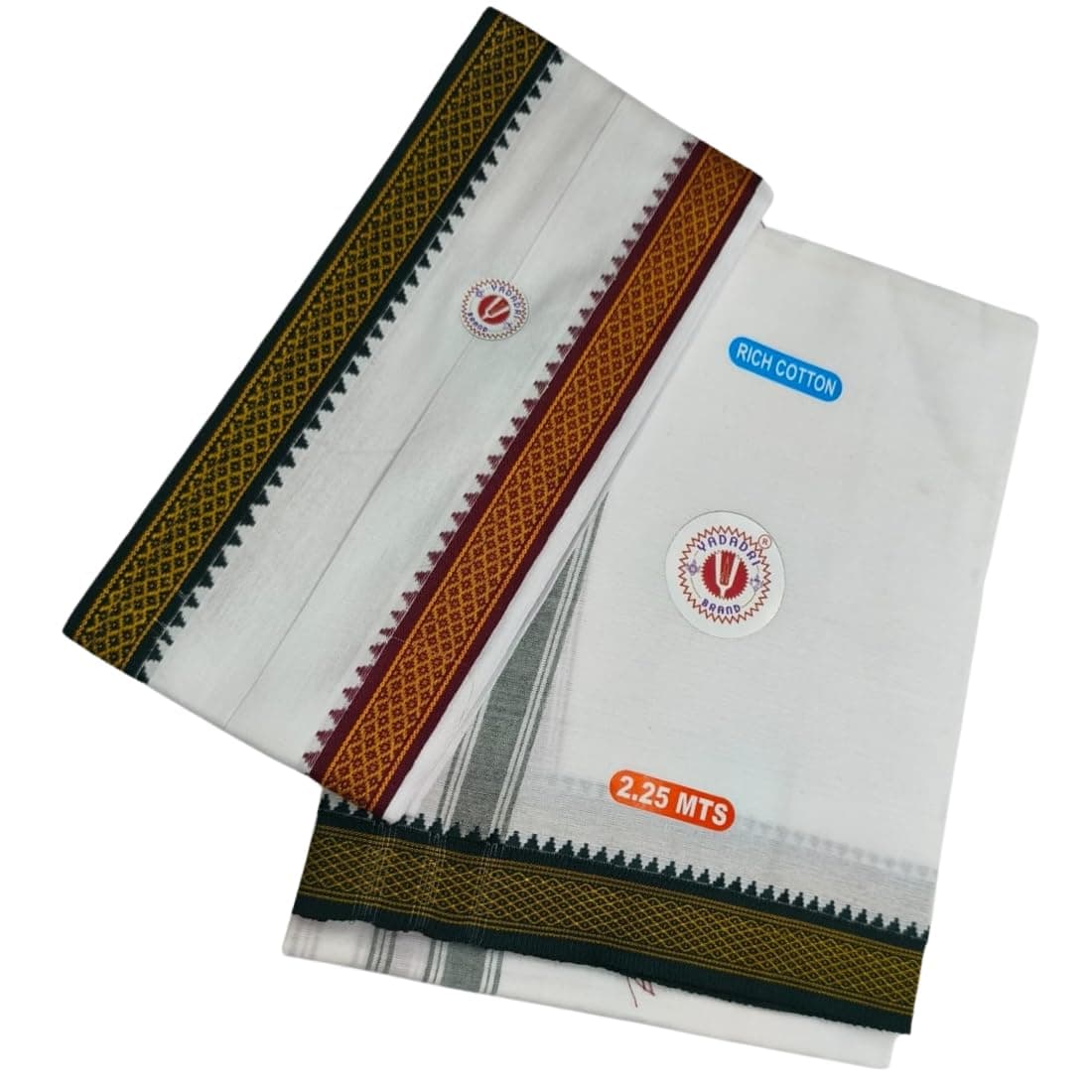 Yadadri Shri Bhargavas Men's Traditional Cotton Dhoti (2.25 Mtrs) + Angavastram (1.75 mtrs) - Red & Green Border
