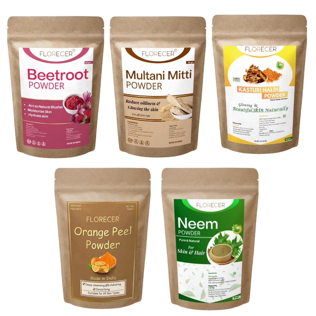 Florecer Kasturi Haldi, Neem, Orange Peel, Beetroot And Multani Mitti Powder For Face And Skin Care- Each 50 Gram