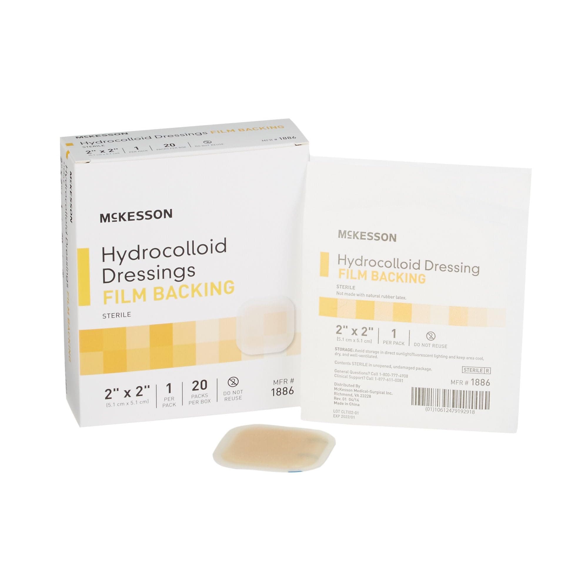 McKesson McKesson 1886 Hydrocolloid Dressing, Film Backing, Sterile, 2" Width, 2" Length (Pack of 20)