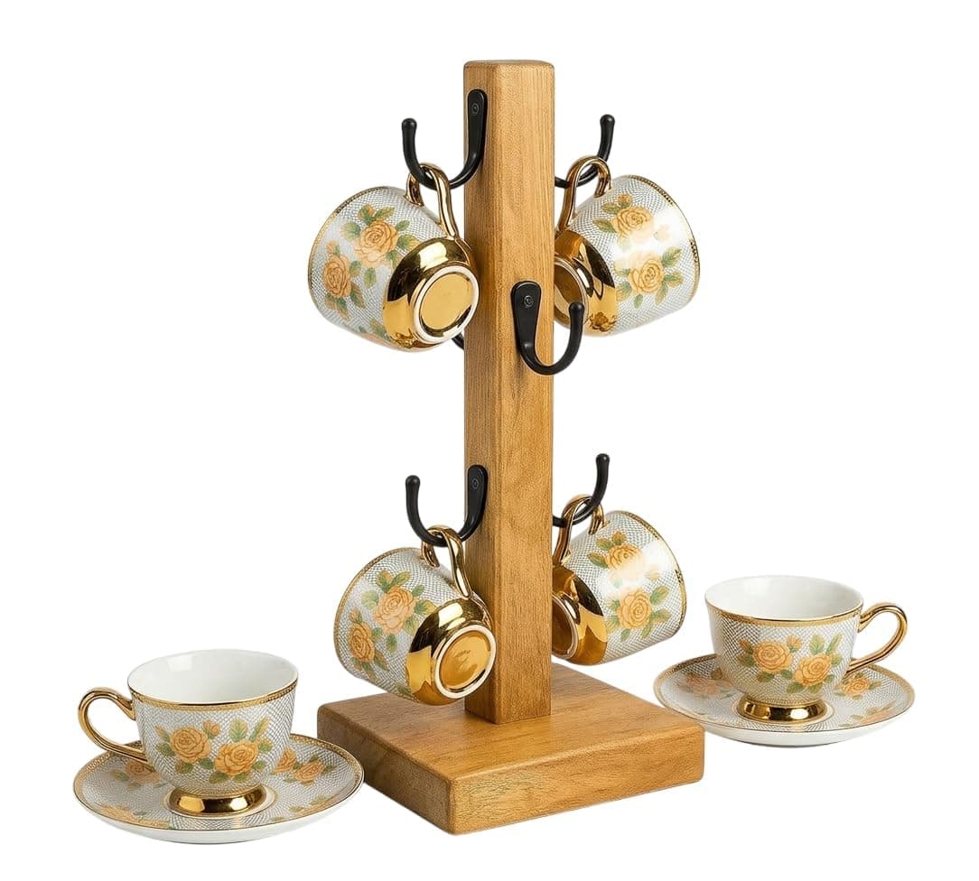 ZS Collection Wooden Mug Holder for Kitchen | Coffee Mug & Tea Cup 6 Hooks Cup Stand Organizer | Tabletop Cup Stand for Kitchen Square Bottom Mug Holder Stand