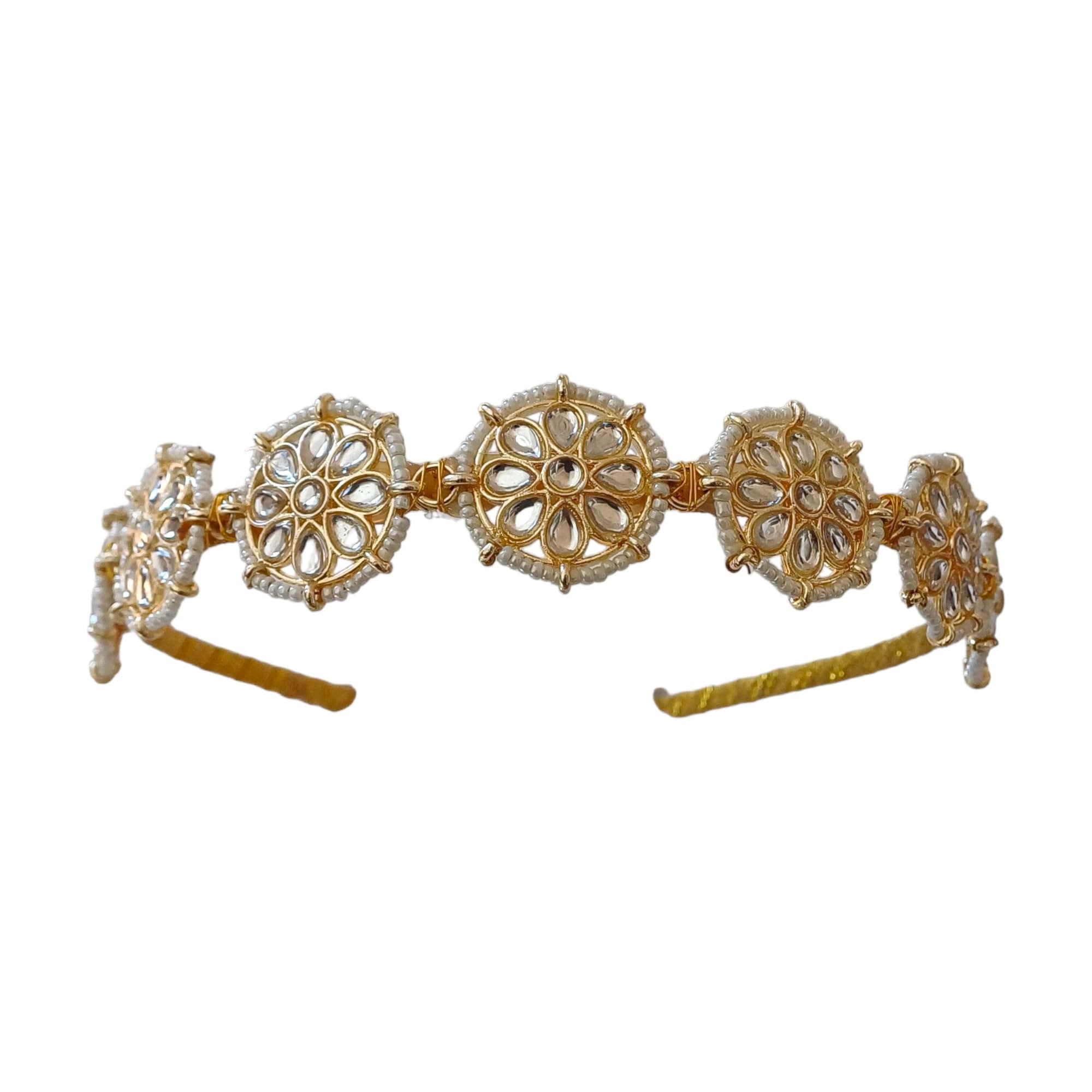 JEWILLEY Floral Kundan Mathapatti Sheeshpatti Golden Wedding Hairband, Celebrity Headband, and Hair Jewellery Tiara for Women and Girls