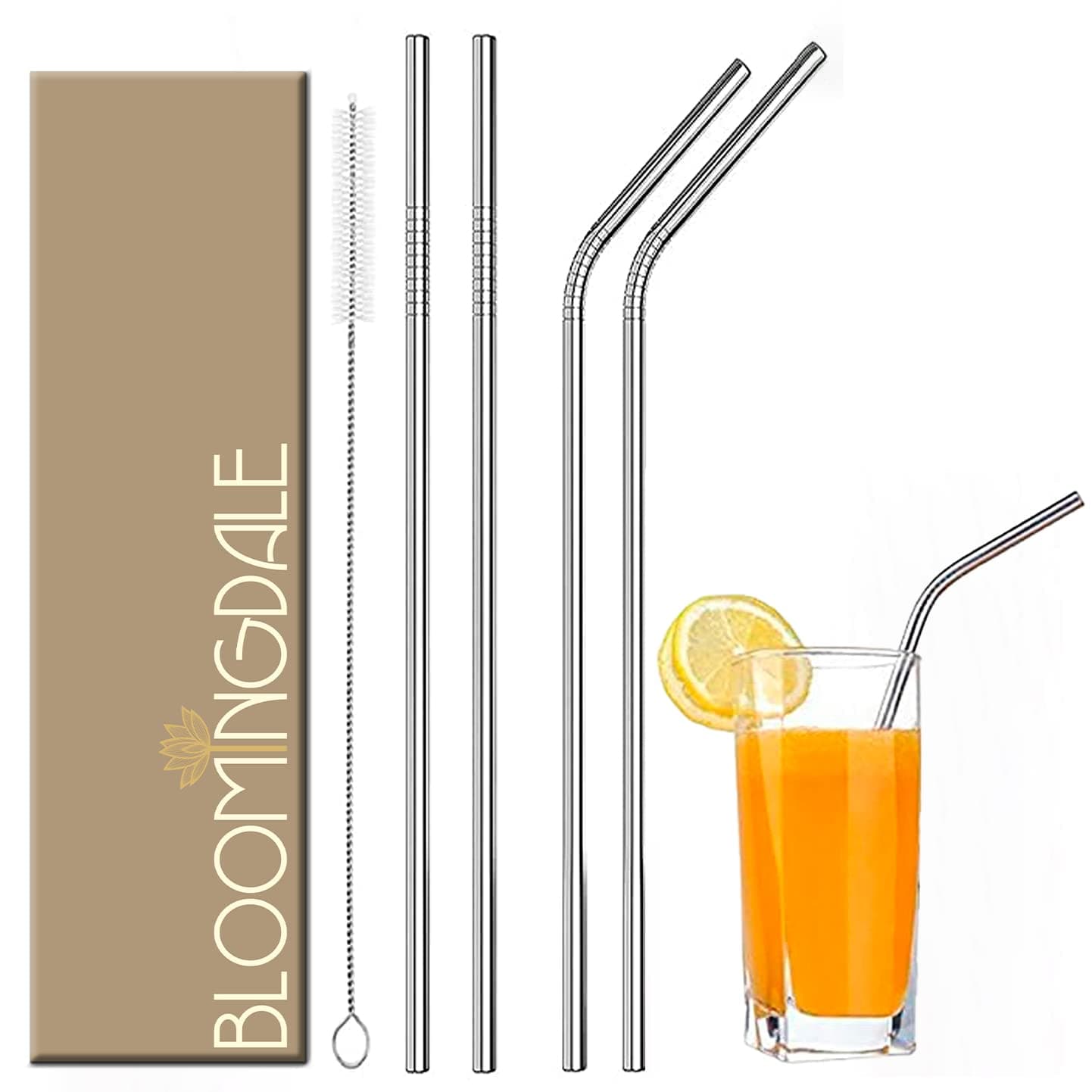 Bloomingdale Reusable Stainless Steel Straws Set - 5 Pieces (2 Bend Pipe, 2 Long, 1 Cleaning Brush) - Rose Gold Metal Drinking Straws