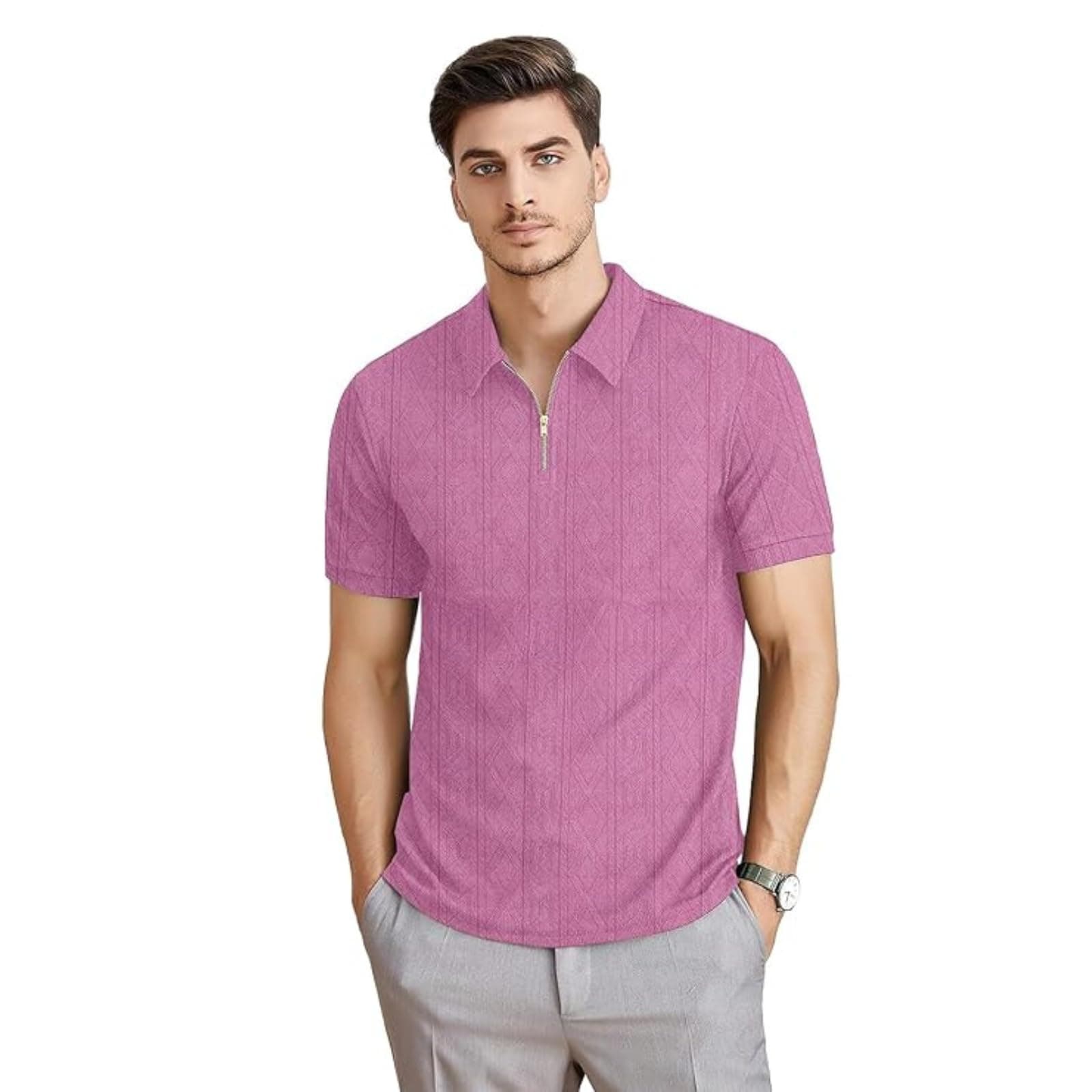 KAJARU Men's Polyester Blend t Shirt with Zip Regular Fit Short Sleeves Polo Collar Solid Pattern and Standard Length Coffee