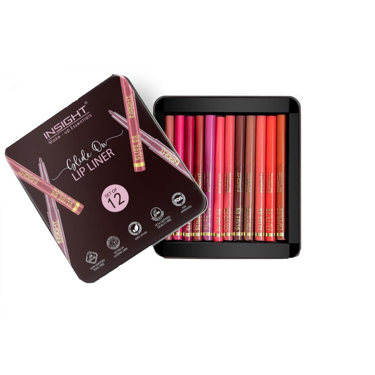 INSIGHT Glide On Lip Liner Set of 12 – Intensely Pigmented, Ultra Smooth Texture, Long-Lasting, Weightless Formula – 0.3 g Each