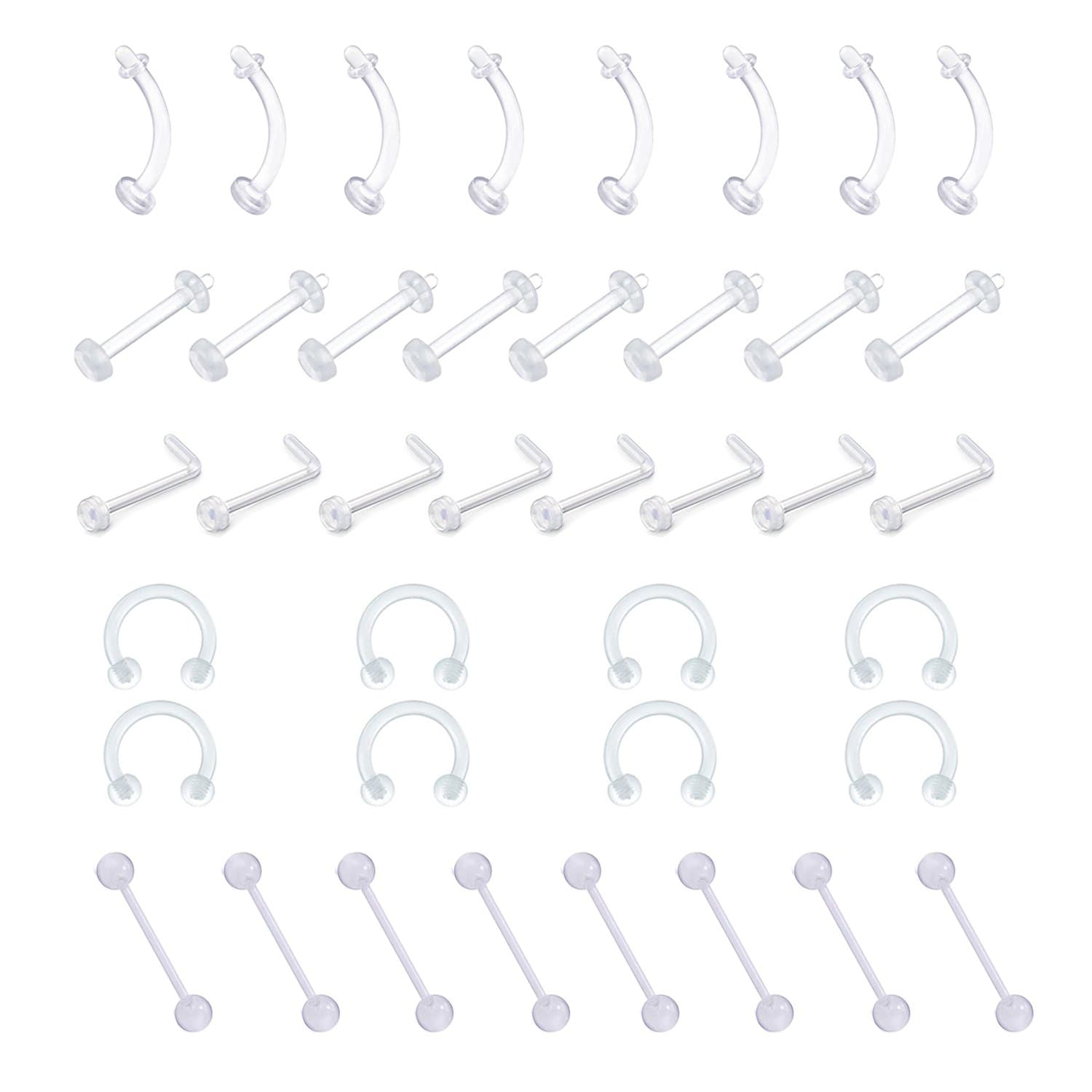 D.Bella 14G 16G 18G 20G Clear Flexible Bioplast Retainer Navel Belly Ring Eyebrow Tongue Nipple Barbell Nose Lip Labret Stud, 6mm, 8mm, 10mm, Plastic, plastic