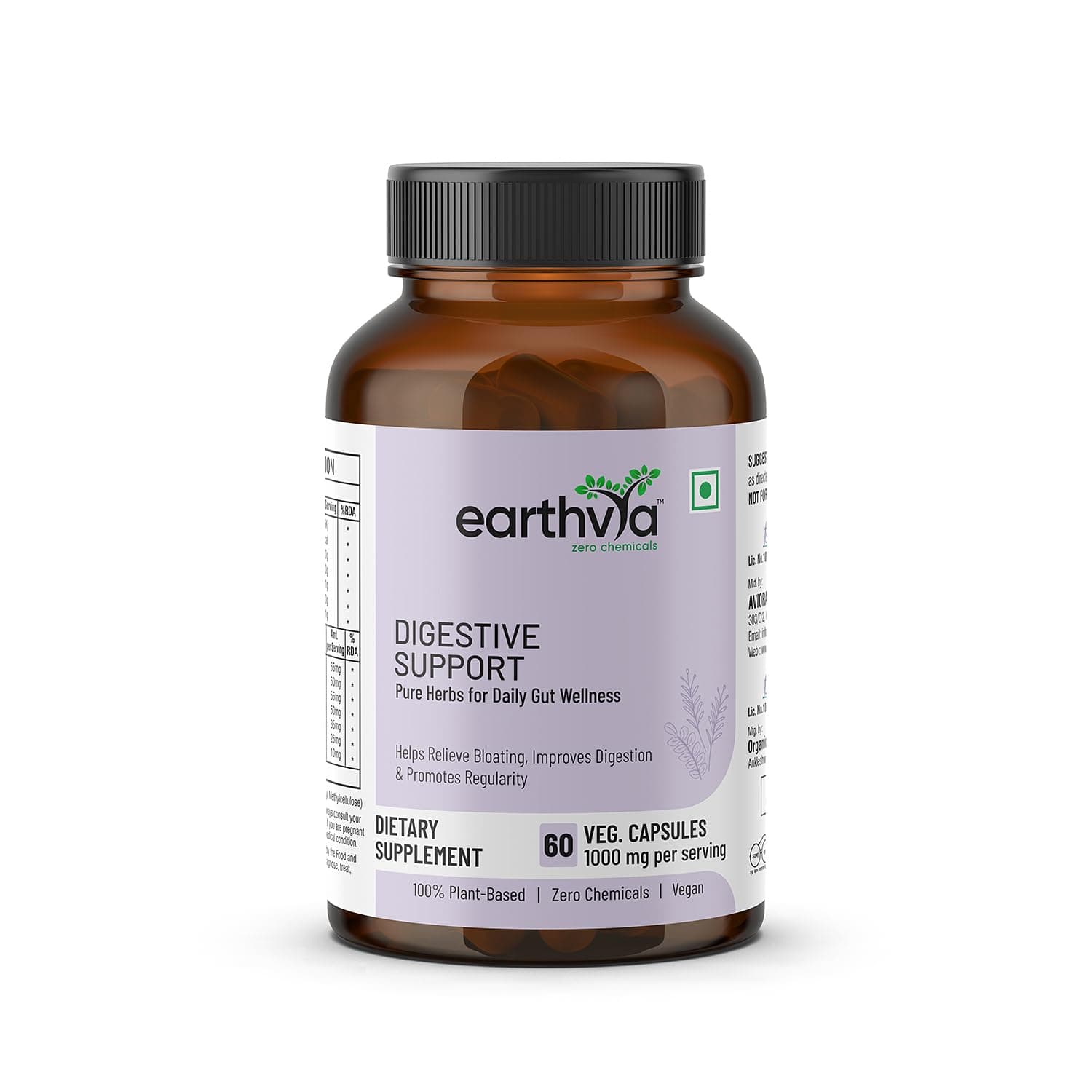 EARTHVYA Digestive Support Capsules 1000mg | Pure Herbal Formula for Gut Wellness | 100% Plant-Based | Zero Chemicals & Additives | 60 Veg Capsules