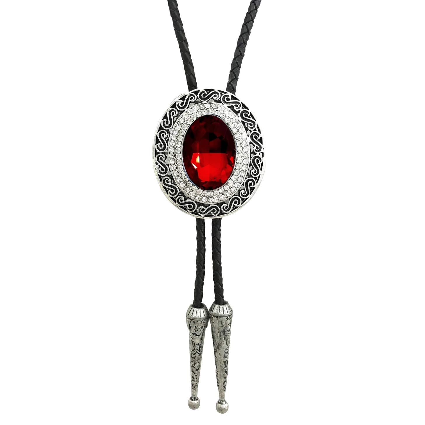 SELOVO Western Big Large Red Rhinestone Western Bolo Tie Genuine Leather Silver Tone